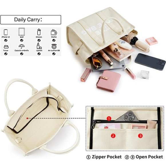 The Tote Bag for Women with Zipper,Large/Medium/Small Size,Canvas/PU leather/EVA - Picture 2 of 7